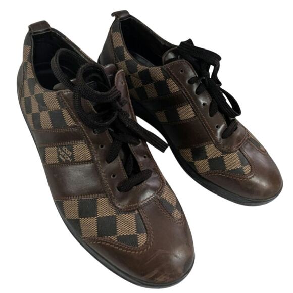 LOUIS VUITTON! AUTHENTICATED! ESPRESSO/TAN LEATHER+ LOGO FABRIC SHOES! SZ 10.5 - Picture 1 of 16